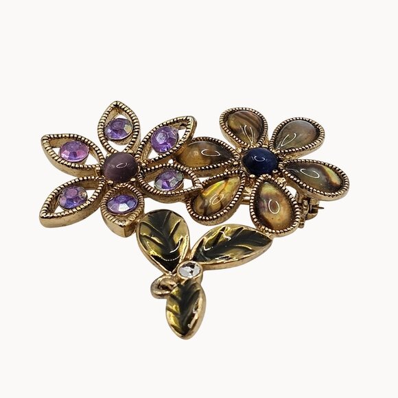 Gold Tone Purple Green Enamel Rhinestone Floral Whimsigoth Fairycore Boho Brooch - Picture 8 of 12